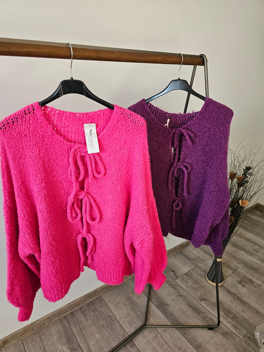 Bouclé Schleifen Strickjacke